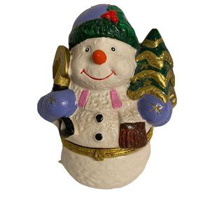 Snowman Frosty ceramic trinket candy box catchall Christmas tree 5"